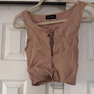 Neutral Blush Ribbed Lace-Up Crop Top by Hazel Boutique